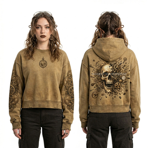 Vente en gros Sweat à capuche vert citron délavé à l'acide 500 GSM pour femme, avec motif graphique circuit imprimé et crâne, imprimé fil barbelé sur les manches, style Cyberpunk - Product Image 5