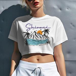 T-shirt court en coton et élasthanne, col rond, respirant, imprimé sur mesure, pour femme, idéal pour l'été - Product Image 1