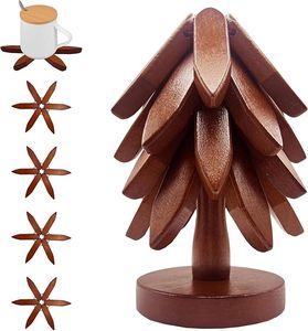 Juego de 4 Posavasos de Madera Ecológicos de Alta Calidad, 1 Soporte Redondo, para Platos Calientes, Posavasos de Cocina Apilables, en Caja - Product Image 2