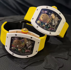 A 3A Factory Sweet and Cool Style Skeletonized Mechanical <b>Watch</b> <b>skeleton</b> case with Yellow Rubber Strap Trendy Wristwatch - Product Image 1
