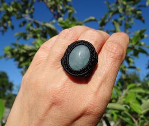 Anillo de Macramé Boho Hecho a Mano con Cabujón Ovalado de Piedra Preciosa Azul Claro Natural, Anillo Ajustable con Cordón Negro, Joyería al por Mayor - Product Image 6