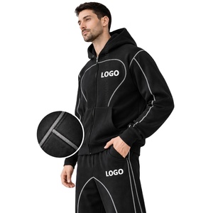 RTP Stitched Piping Zip Cropped Hoodie Baggy Track Pants <b>Set</b> Custom Heavyweight Fleece 2 Piece Casual Breathable Samavia Men's - Product Image 2