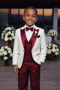 Traje Blanco Personalizado para Niños con Solapa Verde y Chaleco Borgoña, Conjunto de 3 Piezas para Boda, Traje Formal para Niños - Product Image 3