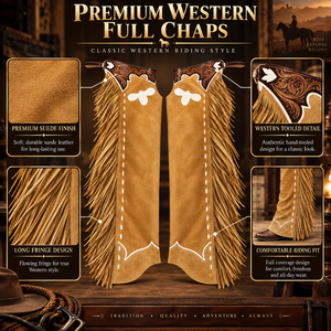 Chaps en cuir classiques de style western avec longues franges |   Chaps d'équitation en daim de qualité supérieure pour l'entraînement, la compétition et le ranch - Product Image 5