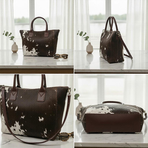 Elegant Cowhide <b>Tote</b> <b>Bag</b> Women's Genuine Leather Handbag Brown White Pattern Open Top All Seasons Daily Use - Product Image 4