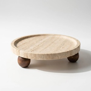 Plateau décoratif rond en marbre avec pieds en bois, design minimaliste, emballage individuel - Product Image 2