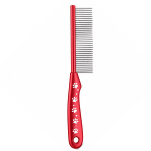 Peigne de toilettage pour animaux de compagnie en plastique rouge avec dents en acier inoxydable et poignée à motif de patte, réutilisable et imperméable pour le soin des poils de chiens et de chats - Product Image 1