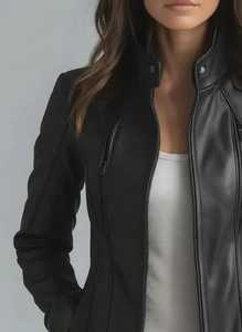Blazer court noir en cuir véritable pour femme, modèle tendance, coupe ajustée, longueur longue - Product Image 4