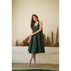 Women <b>Boho</b> Style Cotton Linen Midi <b>Dress</b> Dark Green V Neck Sleeveless casual <b>Summer</b> <b>Dress</b> - Product Image 4