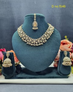Marquise Cut Stone Studded Antique <b>Gold</b> Plated Necklace <b>Set</b> With Jhumka Earrings And Mang Tika Fashion Jewelry <b>Sets</b> Manufacturer - Product Image 5
