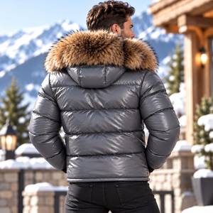 Men's Luxury Breathable Plaid Pattern Puffer <b>Jacket</b> Summer Fox <b>Fur</b> <b>Hood</b>, Lucido Uomo | Chaqueta Brillante | Doudoune Brillante - Product Image 6