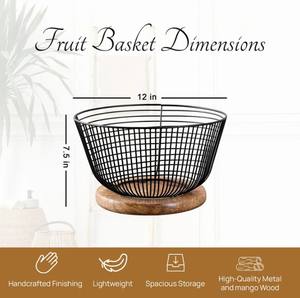 Cesta de Almacenamiento de Alambre de Hierro Negro con Base de Madera |   Frutero Moderno para Cocina y Organizador Decorativo de Mesa - Product Image 4