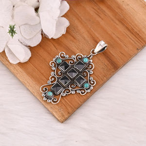 Customized 925 Sterling Silver Cross <b>Pendant</b> With <b>Black</b> Onyx & Turquoise Gemstone <b>Pendant</b> Fine Vintage Jewelry - Product Image 4