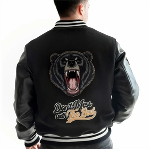 Unisex Black PU Varsity Jacket Embroidered Custom Printed Design Stand Collar Button Front <b>Winter</b> Style Customized Color - Product Image 3