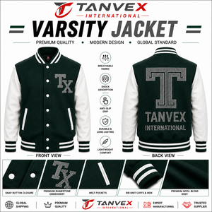 TANVEX INTERNATIONAL Men's Varsity <b>Jacket</b> Wool Polyester Blend Snap Button Closure <b>Rhinestone</b> Embroidery Preppy Style - Product Image 2