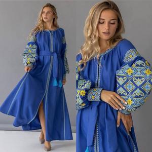 Vestido Boho Bordado de Ucrania para Mujer, Azul y Amarillo, Cintura Natural, Casual, 100% Algodón - Product Image 2