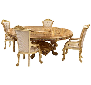 Ensemble de table à manger en teck massif doré royal de luxe, sculpté à l'ancienne, écologique, pour hôtel, villa, meubles de salle à manger - Product Image 6