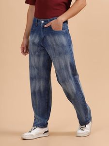 Pantalones Vaqueros de Mezclilla para Hombre, Ecológicos, 100% Algodón, Cintura Media, Corte Holgado, Pierna Ancha, Lavados, Azul Medio, Casuales, Largos - Product Image 2