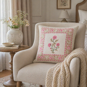 Hand <b>Block</b> Printed Cotton Cushion Cover Pink Floral Design Decorative Sofa Pillow Cover for Living Room Home Decor - Product Image 4