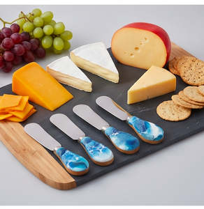 Juego de 3 cuchillos para queso y mantequilla, hoja de acero inoxidable, mango de mármol azul, utensilios de cocina de madera y para servir. - Product Image 6
