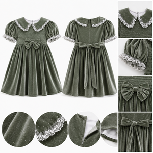 Vestido de Fiesta de Terciopelo con Pedrería para Niñas, con Cuello Peter Pan de Encaje |   Elegante Vestido de Princesa - Product Image 3