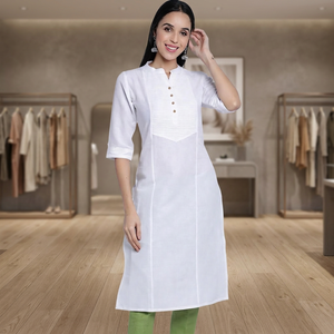 Robe midi en coton blanc à col mandarin, manches trois quarts, coupe ample, décontractée, pour tous les jours, respirante, couleur unie, ensemble 2 pièces - Product Image 5