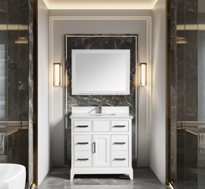 36 Inch Modern Solid Wood Plywood Floor Mounted Vanity Combo <b>Bathroom</b> Cabinet <b>Mirror</b> Countertop Included White/Natural Finish - Product Image 1