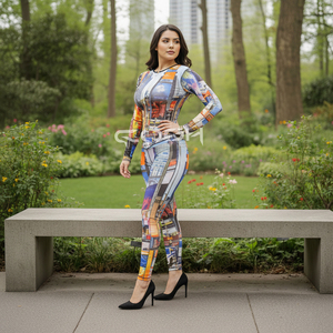 Conjunto con Estampado del Paisaje Urbano de Times Square: Camisa de Manga Larga con Cierre y Leggings de Cintura Alta, Ropa Urbana Gráfica y Mono para Festivales - Product Image 5