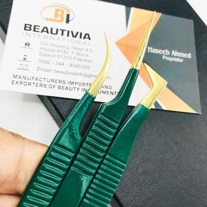 Pinzas de extensión de pestañas de acero inoxidable de grado quirúrgico con recubrimiento de polvo verde oscuro con punta puntiaguda y 45 grados para pestañas - Product Image 5