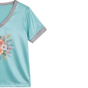 Conjunto de Pijama de Satén con Estampado Floral Azul Agua para Mujer, Cuello en V, Manga Corta, Top y Pantalones Cortos, Ropa de Dormir Suave, Personalizable OEM - Product Image 3