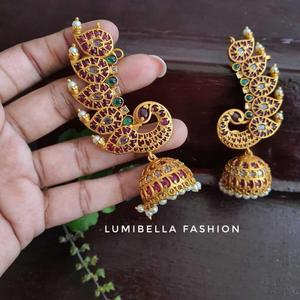 Vintage Peacock Feather Drop Earrings with Pearl and Diamond Accents - Product Image 3