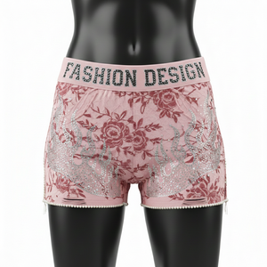 Shorts de mujer de alta calidad, tela de malla transparente con estampado de rosas, cintura suave rosa, logotipo personalizado con estampado térmico. - Product Image 1