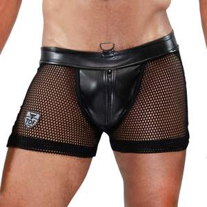 Short de sport épais à fermeture éclair intégrale, style jockstrap, en maille noire effet cuir, pour homme, éco-responsable, tenue de club sexy, bas de tenue. - Product Image 5