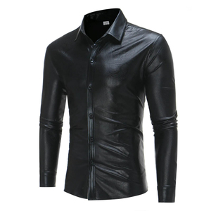 Men's Black PU Leather Long Sleeve Dress <b>Shirt</b> Solid Color Turn-down Collar Formal Style Autumn Wear - Product Image 2