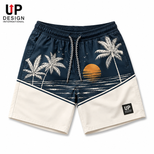 Shorts de Playa para Hombre con Estampado de Palmeras y Atardecer, Secado Rápido, Cintura Elástica, Shorts de Baño con Logotipo Personalizado, Proveedor de Trajes de Baño de Verano - Product Image 1