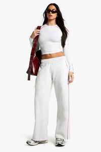 Nouveaux pantalons de jogging droits pour femmes en molleton doux gris cendré avec détails de passepoil, pantalons et pantalons de survêtement pour femmes - Product Image 5