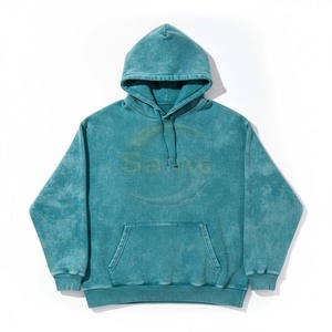 Sweat à capuche tricoté pour homme, vert sarcelle, coupe oversize, effet délavé, imprimé lettres vintage, 100% coton, anti-plis, anti-boulochage, avec poche - Product Image 1