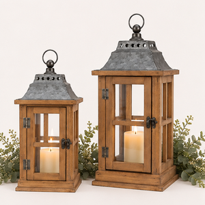 Wooden <b>Lantern</b> <b>Set</b> of 2 Vintage Decorative Candle Holder with Distressed Metal Top for Indoor Outdoor Home Decor Lighting - Product Image 2
