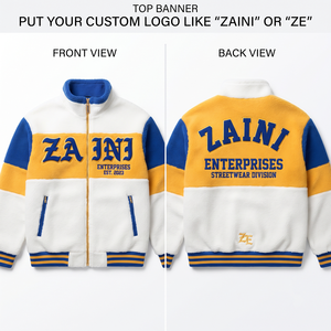 Premium 240gsm Polar Fleece <b>Running</b> <b>Jacket</b> Custom Logo Embossed White Gold Blue Color Panelled Full Zip Long Warmwear - Product Image 1