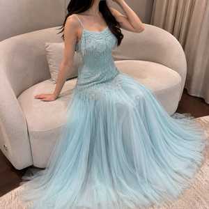 Vestido de Noche Largo Azul Claro con Cuentas para Mujer, Tirantes Finos, Corsé Adornado, Silueta Sirena de Gasa - Product Image 5