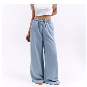 Nuevos Jeans de Mezclilla de Pierna Ancha Azul Claro para Mujer, Diseño ODM de Moda, Pantalones Casuales con Cintura Elástica, Venta al Por Mayor Personalizada - Product Image 4