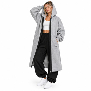 Casual Lounge Manufacturer Custom Women's Grey <b>Longline</b> <b>Hoodies</b> <b>Zip</b> Up Coat Tracksuit Oversized Cotton Fleece Pants Supplier - Product Image 1