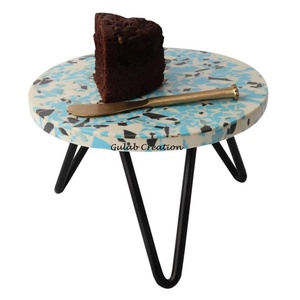 Sky Blue, Gray, and <b>White</b> Terrazzo Resin <b>Cake</b> Serving <b>Stand</b> with Metal Leg Decorative Dessert Display <b>Stand</b> for Parties, Events - Product Image 2