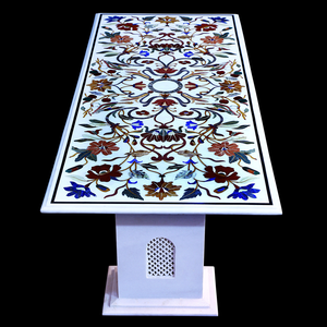Luxury White <b>Marble</b> Inlay Handmade Pietra Dura Dining Table <b>Top</b> Modern Design Rectangle Shape Home Furniture - Product Image 3
