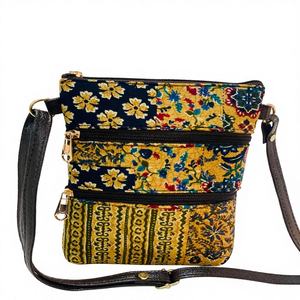 Bolso Bandolera Vertical de Jacquard Floral Color Índigo Mostaza, con Doble Cremallera, Suave, Duradero, Ligero, Casual - Product Image 1