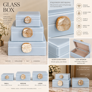 Coffret de rangement pour bijoux en verre bleu poudré avec accent en agate naturelle, bordure dorée, finition brillante, organisateur décoratif pour souvenirs - Product Image 5