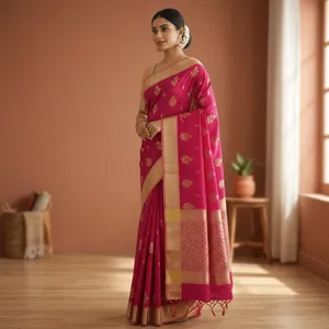 Pink Banarasi Silk Saree with Gold Zari Embroidery Chanderi Indian Bollywood Style <b>Dress</b> - Product Image 5