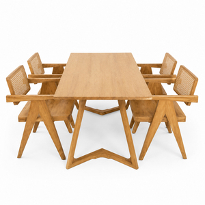 Juego de Comedor de Madera de Teca, Estilo Escandinavo Elegante, con Patas Arqueadas, Sillas de Ratán Tejidas a Mano, Moderno, para 4 Personas - Product Image 2