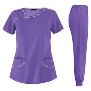 Women's Black <b>Scrub</b> <b>Set</b> With Blue Trim Polyester Hospital Uniform Pants And Top For Medical Use - Product Image 2