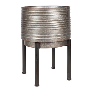 Vintage Galvanized Metal Planter with Heavy-Duty Iron Stand <b>Large</b> Round Indoor Outdoor Flower <b>Pot</b> for Farmhouse Garden Decor - Product Image 1